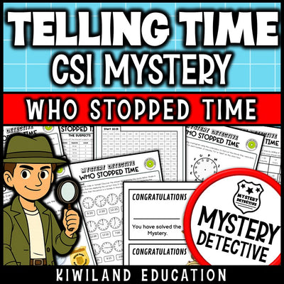 Telling time mystery detective hour half hour 5 minutes grades 3-5