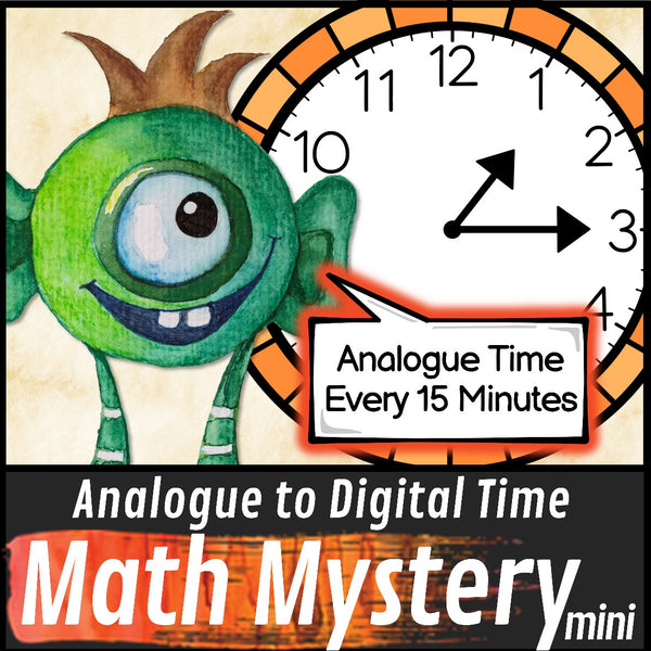 Telling Time to 15 Minutes Math Mystery worksheets cover - monster theme printable