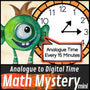 Telling Time to 15 Minutes Math Mystery worksheets cover - monster theme printable