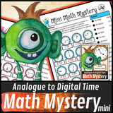 Telling time to 15 minutes math mystery worksheet sample pages
