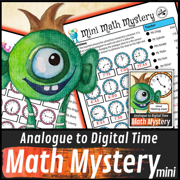 Telling time to 15 minutes math mystery worksheet sample pages