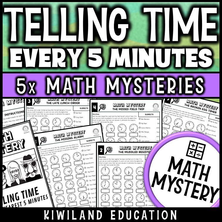 Telling time to 5 minutes math mystery worksheets for grades 2-3