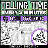 Telling time to 5 minutes math mystery worksheets for grades 2-3
