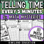 Telling time to 5 minutes math mystery worksheets for grades 2-3