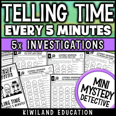 Telling time to 5 minutes mystery detective worksheets grades 2-3