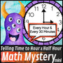 Telling Time to the Hour and Half Hour Math Mystery worksheets cover - monster theme printable
