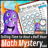 Telling time to the hour and half hour math mystery worksheet sample pages