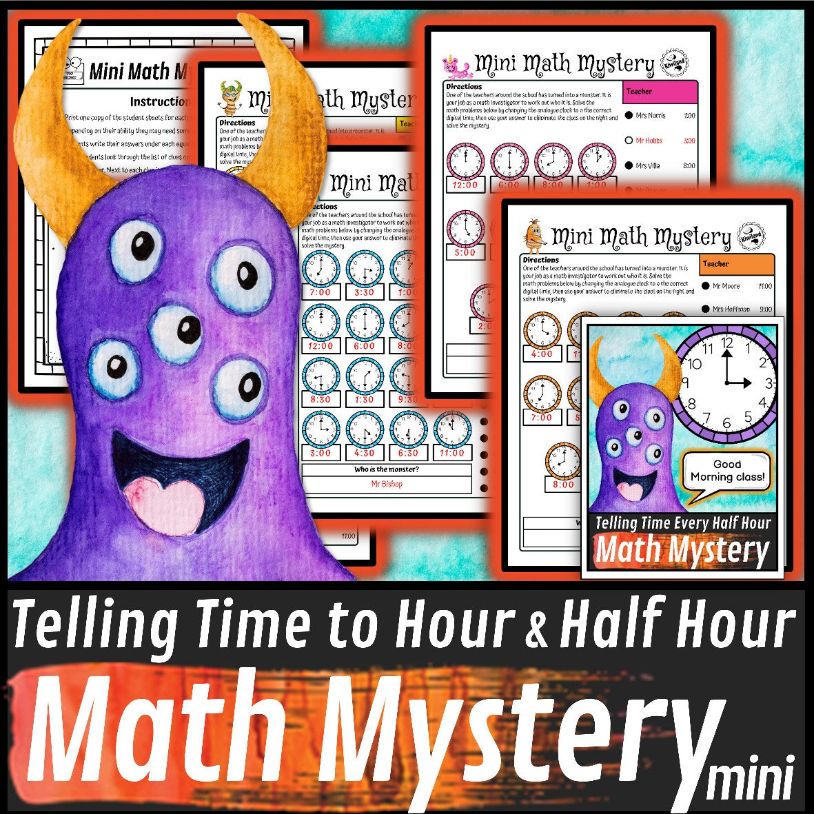 Analogue to digital time hour and half hour detective math mystery activity