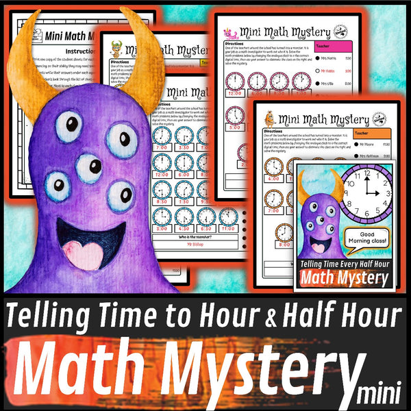 Analogue to digital time hour and half hour detective math mystery activity