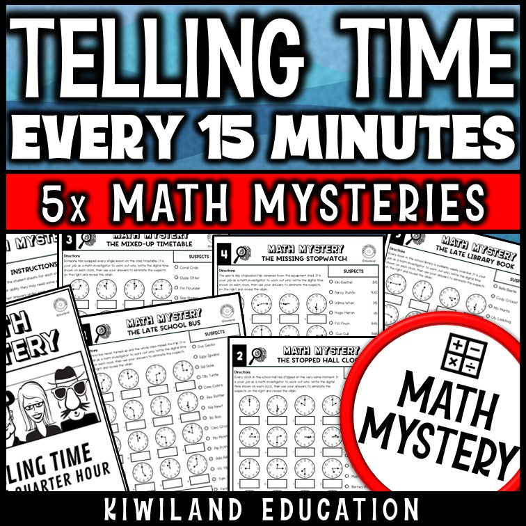 Telling time to the quarter hour math mystery worksheets for grades 1-2