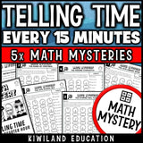 Telling time to the quarter hour math mystery worksheets for grades 1-2