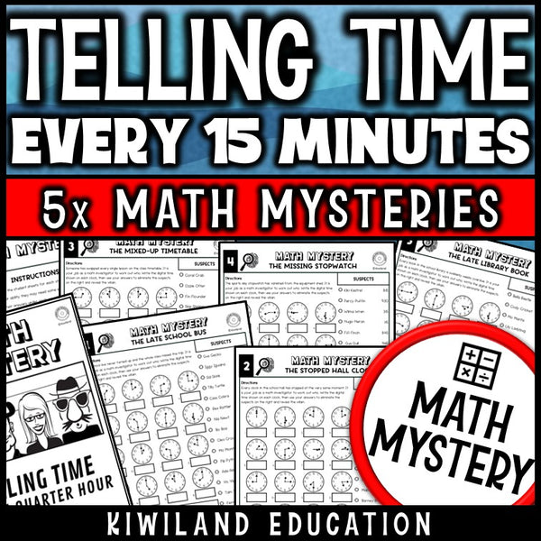 Telling time to the quarter hour math mystery worksheets for grades 1-2