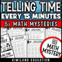 Telling time to the quarter hour math mystery worksheets for grades 1-2