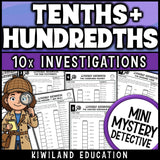 Tenths and hundredths worksheets for 4th grade math, ten no prep dinosaur museum detective cases where students change fractions to decimals