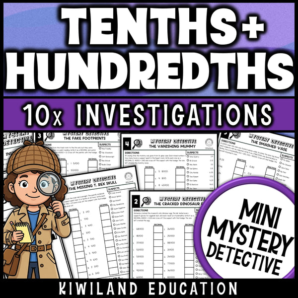 Tenths and hundredths worksheets for 4th grade math, ten no prep dinosaur museum detective cases where students change fractions to decimals