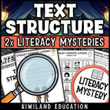 Text structure activity worksheets covering chronological order and problem and solution, detective mystery format for reading centers