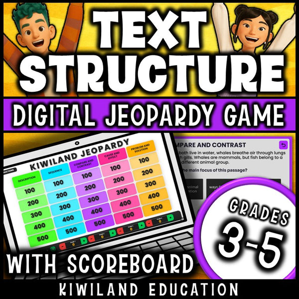Text structure digital Jeopardy game cover, ELA review grades 3–6