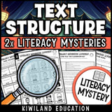 Text structure practice pages with a signal words guide and suspect elimination lineup, self-checking printable for early finishers