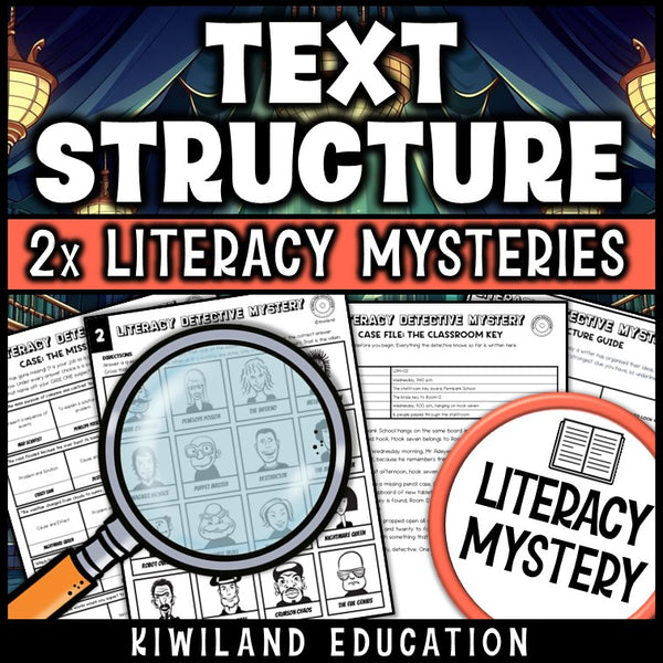 Text structure practice pages with a signal words guide and suspect elimination lineup, self-checking printable for early finishers