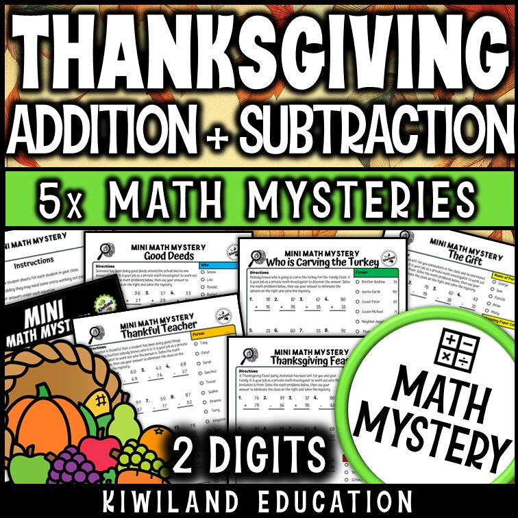 Thanksgiving 2-digit addition and subtraction math mystery worksheets cover
