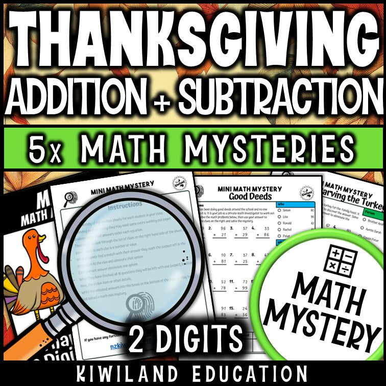 Thanksgiving 2-digit addition and subtraction math mystery worksheet sample page