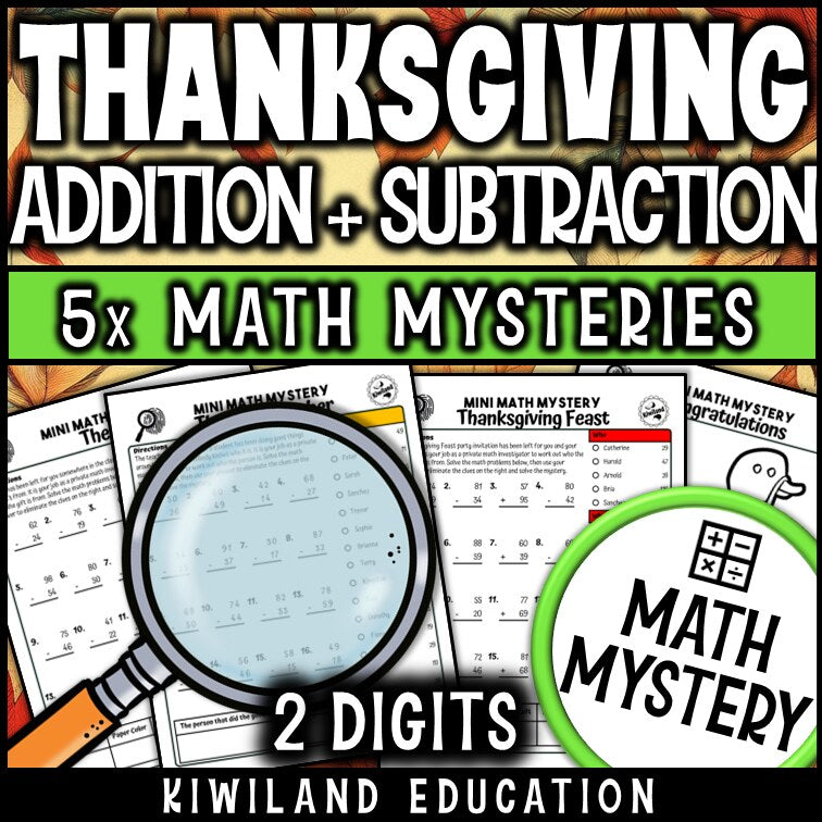 Thanksgiving 2-digit addition and subtraction math mystery answer key