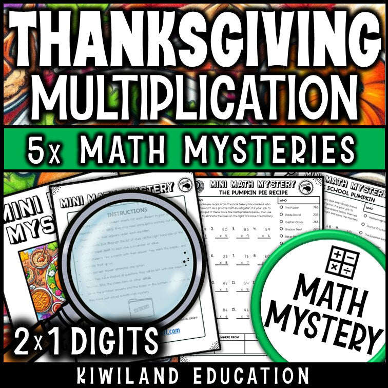 Thanksgiving 2-digit by 1-digit multiplication math mystery worksheet sample page