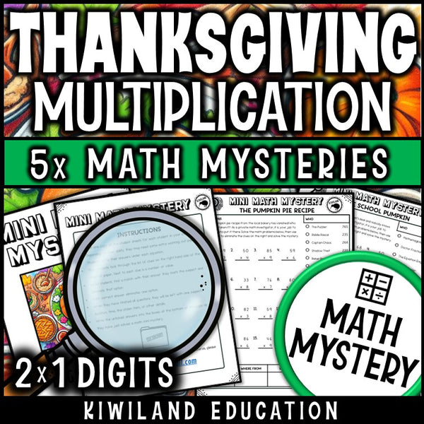Thanksgiving 2-digit by 1-digit multiplication math mystery worksheet sample page