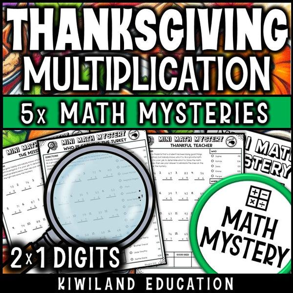 Thanksgiving 2-digit by 1-digit multiplication math mystery answer key