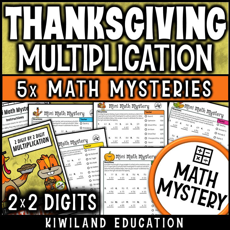 Thanksgiving 2-digit by 2-digit multiplication math mystery worksheets cover