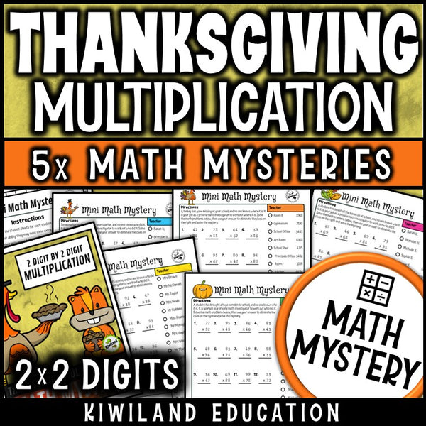 Thanksgiving 2-digit by 2-digit multiplication math mystery worksheets cover