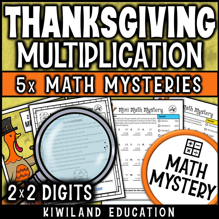 Thanksgiving 2-digit by 2-digit multiplication math mystery worksheet sample page