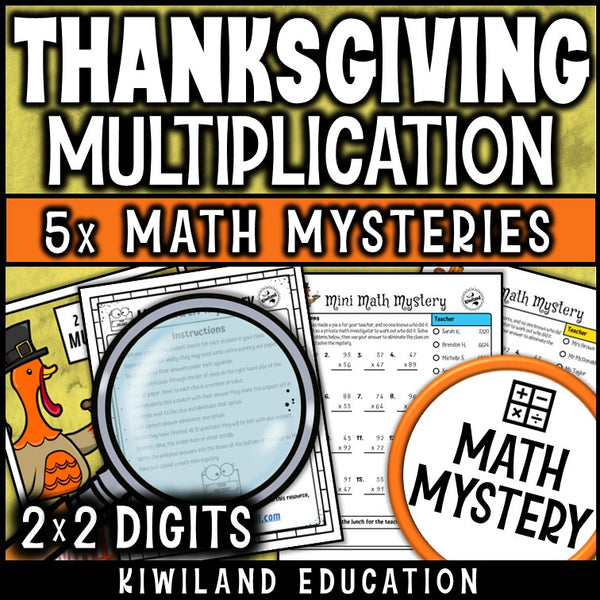 Thanksgiving 2-digit by 2-digit multiplication math mystery worksheet sample page