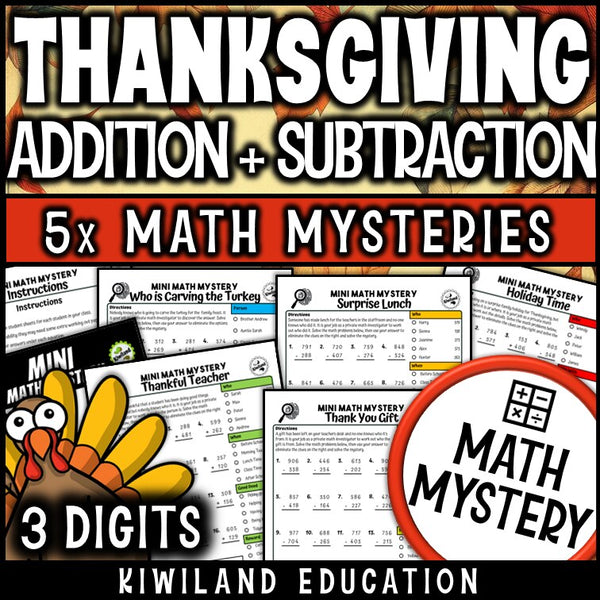 Thanksgiving 3-digit addition and subtraction math mystery worksheets cover