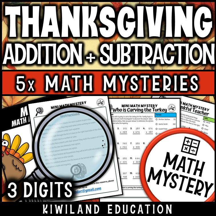 Thanksgiving 3-digit addition and subtraction math mystery worksheet sample page