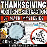 Thanksgiving 3-digit addition and subtraction math mystery worksheet sample page