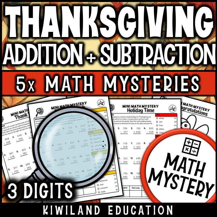 Thanksgiving 3-digit addition and subtraction math mystery answer key