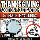 Thanksgiving 3-digit addition and subtraction math mystery answer key