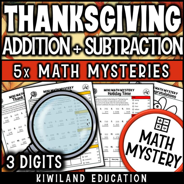 Thanksgiving 3-digit addition and subtraction math mystery answer key