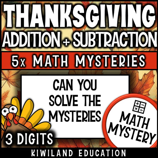 Thanksgiving 3-digit addition and subtraction math mystery activity preview