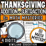 Thanksgiving 4-digit addition and subtraction math mystery worksheet sample pages