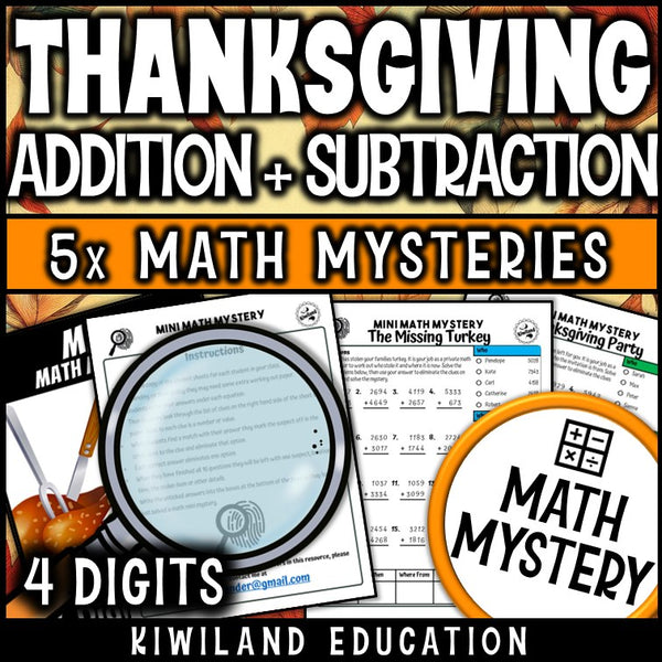 Thanksgiving 4-digit addition and subtraction math mystery worksheet sample pages