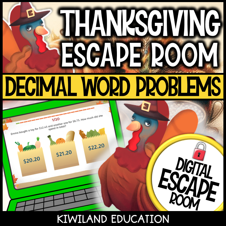 Thanksgiving adding and subtracting decimals digital escape room cover, math grades 4–7