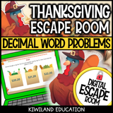 Thanksgiving adding and subtracting decimals digital escape room cover, math grades 4–7
