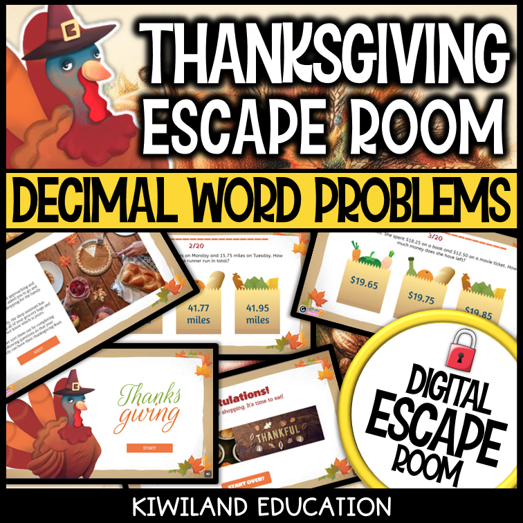 Thanksgiving decimal word problem escape room puzzle screen