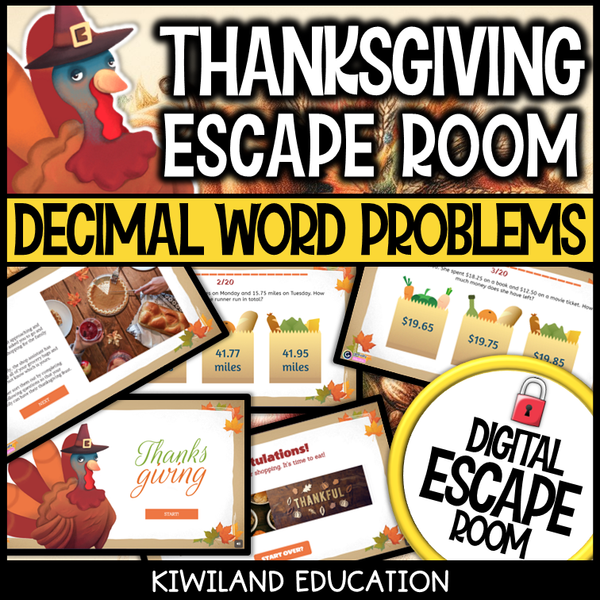 Thanksgiving decimal word problem escape room puzzle screen