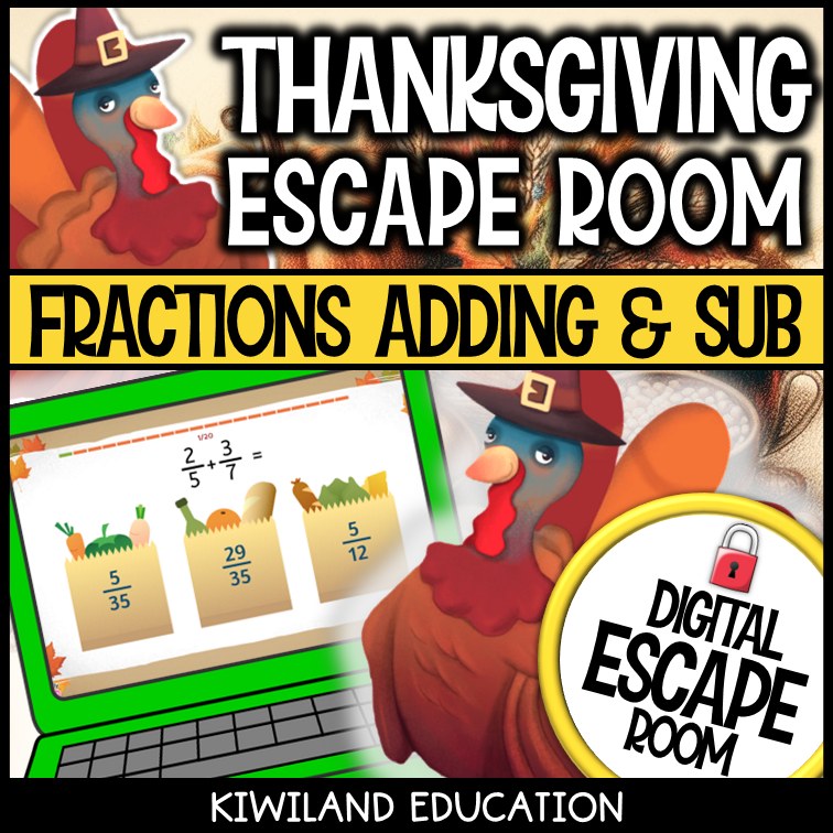 Adding and Subtracting Fractions Digital Escape Room Thanksgiving preview 1