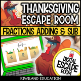 Thanksgiving adding and subtracting fractions digital escape room cover, math grades 4–7
