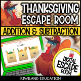 Thanksgiving addition and subtraction within 100 digital escape room cover, math grades 1–3