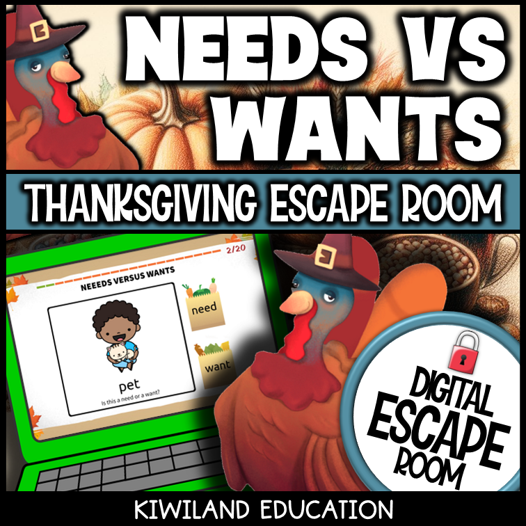 Thanksgiving needs and wants digital escape room cover, social studies grades K–2